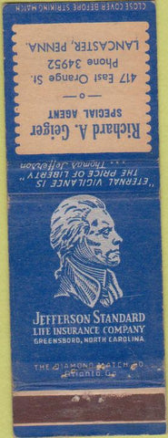 Matchbook Cover - Jefferson Insurance Richard Geiger Lancaster PA
