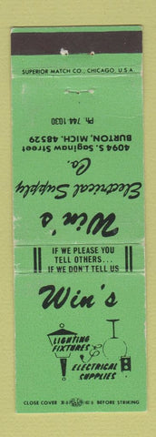 Matchbook Cover - Win's Light Fixture Electrical Burton MI GREEN WEAR