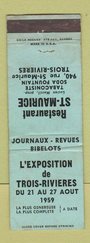 Matchbook Cover - L'Exposition Trois Rivieres QC 1959 Restaurant St Maurice WEAR