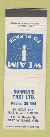 Matchbook Cover - Burney's Taxi Fort William ON WEAR
