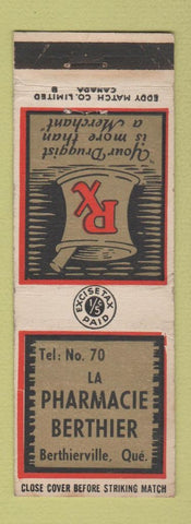 Matchbook Cover - La Pharmacie Berthier Berthierville QC
