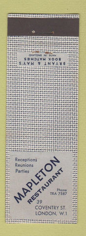 Matchbook Cover - Mapleton Restaurant London UK England