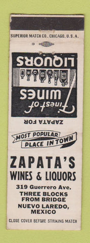 Matchbook Cover - Zapata's Wines Liquors Nuevo Laredo Mexico