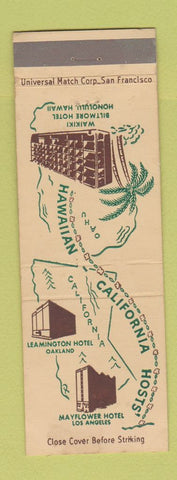 Matchbook Cover - Hotels Honolulu Hawaii Oakland Los Angeles CA