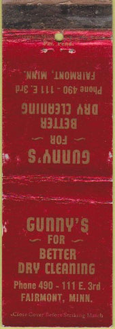 Matchbook Cover - Gunny's Dry Cleaning Fairmont MN