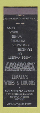 Matchbook Cover - Zapata's Wine Liquors Nuevo Laredo Mexico