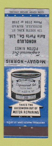 Matchbook Cover - Honolulu Auto Parts McQuay Norris Piston Rings Hawaii