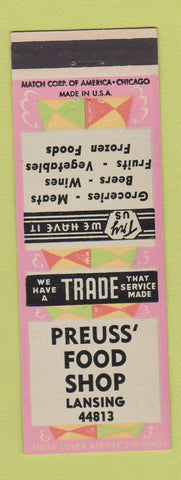 Matchbook Cover - Preuss Food Shop grocery Lansing MI