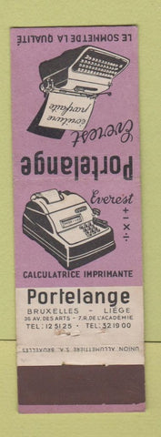 Matchbook Cover - Portelange Adding Machine Typewriter Brussels Belgium