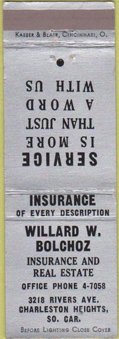 Matchbook Cover - Willard Bolchoz Insurance Real Estate Charleston Heights SC