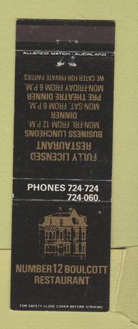 Matchbook Cover - Number 12 Boulcott Restaurant  New Zealand