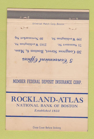 Matchbook Cover - Rockland Atlas National Bank Boston MA 40 Strike