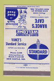 Matchbook Cover - Vance's Cafe New Castle IN Standard oil gas 40 Strike