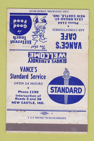 Matchbook Cover - Vance's Cafe New Castle IN Standard oil gas 40 Strike