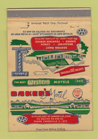 Matchbook Cover - Baker's Motel Zanesville OH 40 Strike
