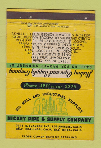 Matchbook Cover - Hickey Pipe and Supply Los Angeles Brea CA 40 Strike