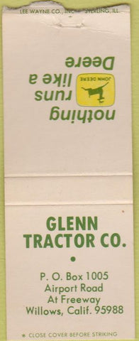 Matchbook Cover - John Deere Tractors Willows CA BOBTAIL
