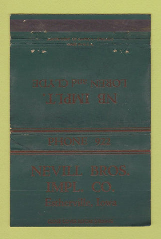 Matchbook Cover - Neville Bros Implement Esterville IA WEAR 40 Strike