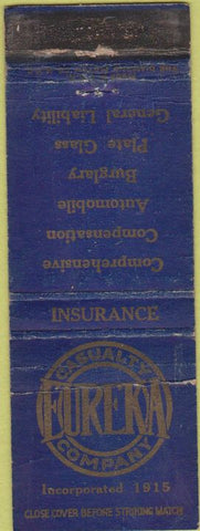 Matchbook Cover - Eureka Insurance Co WORN Newark NJ Pikeville KY