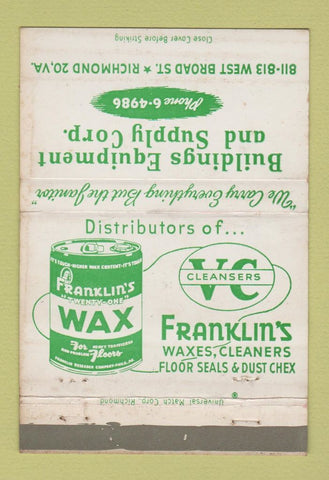 Matchbook Cover - Franklin's Wax Cleaners Richmond VA WEAR 40 Strike