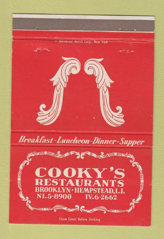 Matchbook Cover - Cooky's Restaurant Brooklyn NY Hempstead LI  40 Strike