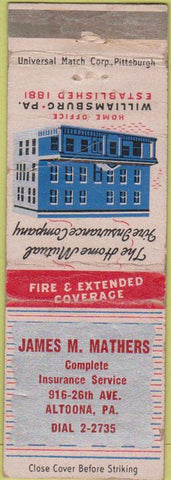 Matchbook Cover - James Mather Insurance Altoona PA WORN