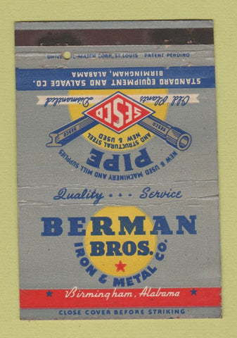 Matchbook Cover - Berman Bros Iron Metal Pipe Birmingham AL 40 Strike