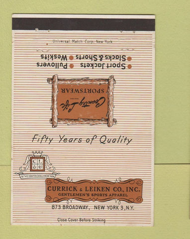 Matchbook Cover - Currick & Leiken Men's Clothes New York City 40 Strike