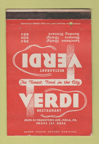 Matchbook Cover - Verdi Restaurant Philadelphia PA 40 Strike