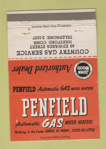 Matchbook Cover - Penfield Gas Hartford CT Water Heater 40 Strike
