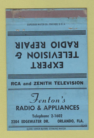 Matchbook Cover - Fenton's Radio Appliances Orlando FL RCA Zenith 40 Strike
