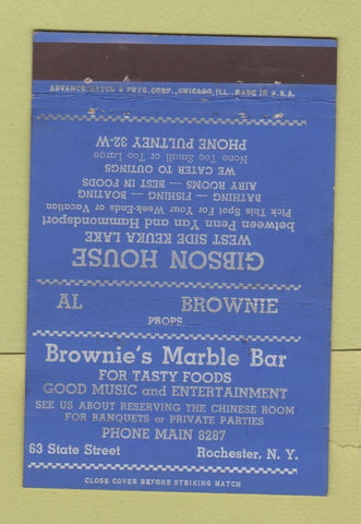 Matchbook Cover Gibson House Brownie's Marble Bar Rochester NY Pultney 40 Strike