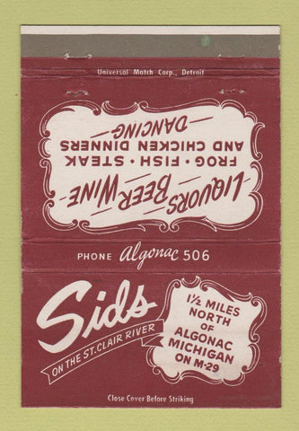 Matchbook Cover - Sids Restaurant Algonac MI 40 Strike