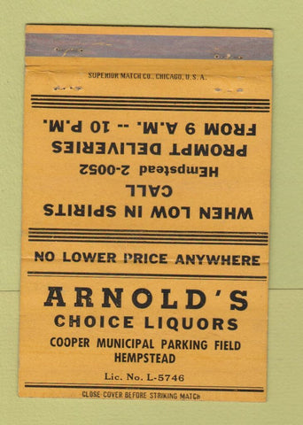 Matchbook Cover - Arnold's Liquor Hempstead NY 40 Strike