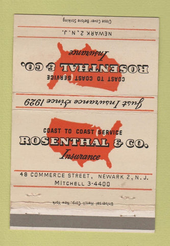 Matchbook Cover - Rosenthal Insurance Newark NJ 40 Strike