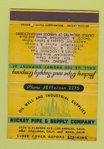 Matchbook Cover - Hickey Pipe & Supply Los Angeles CA Brea 40 Strike
