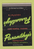 Matchbook Cover - Paranthy's Restaurant Santa Monica CA WRON 40 Strike