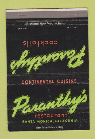 Matchbook Cover - Paranthy's Restaurant Santa Monica CA WRON 40 Strike