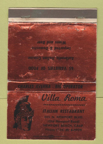Matchbook Cover - Villa Roma Italian Restaurant Newport Beach CA WORN 40 Strike