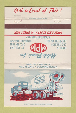Matchbook Cover - Mobile Premix Concrete Greeley Fort Collins Colorado 40 Strike
