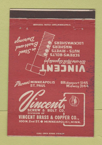 Matchbook Cover - Vincent Screw Bolt Minneapolis MN Brass Copper 40 Strike