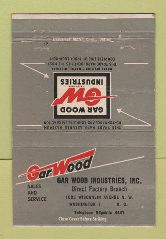 Matchbook Cover - Gar Wood Industries Washington DC 40 Strike