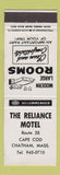 Matchbook Cover - Reliance Motel Chatham MA WEAR