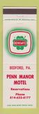Matchbook Cover - Penn Manor Motel Bedford PA Superior