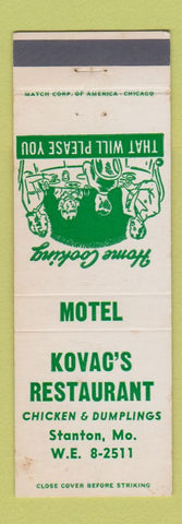 Matchbook Cover - Kovac's Restaurant Stanton MO