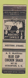 Matchbook Cover - Blue Cup Chicken Shack Scranton SC WEAR
