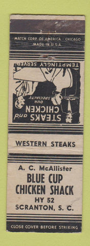 Matchbook Cover - Blue Cup Chicken Shack Scranton SC WEAR
