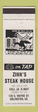 Matchbook Cover - Zinn's Steak House Arlington VA