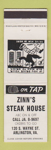 Matchbook Cover - Zinn's Steak House Arlington VA
