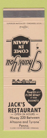 Matchbook Cover - Jack's Restaurant Altoona Tyrone PA